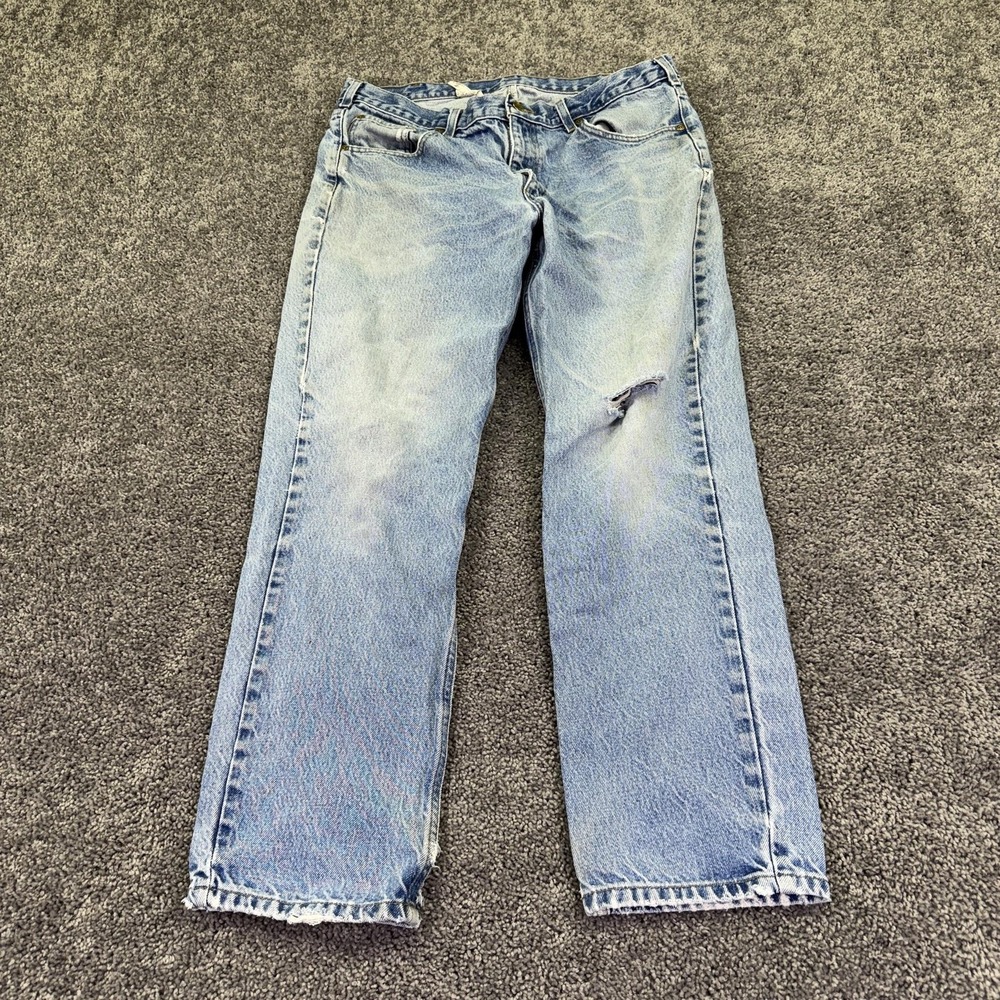 Carhartt Jeans Mens 36x30 Blue Straight Light Wash Denim Distressed Workwear